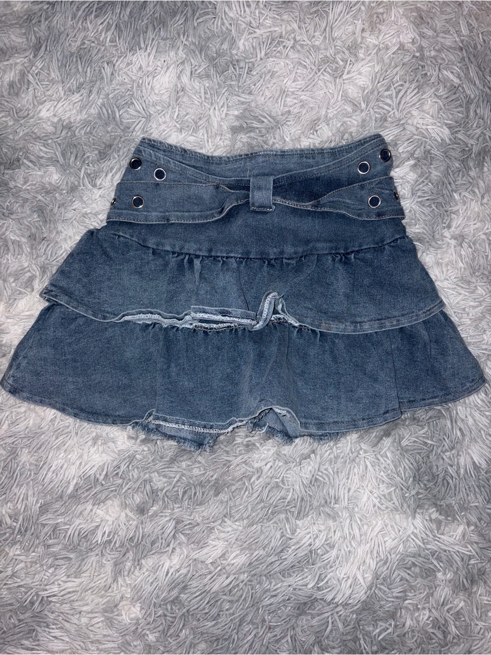 Denim Tiered Mini Skirt in Faded Blue